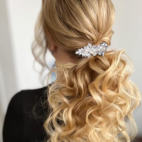 Rhinestone Pearl Barrettes, Crystal Hair Clips for Weddings, Silver French Barrette Clips for Women Thick Long Hair, Sparkly Hair Pins for Bridal Brides Wedding (1PCS)