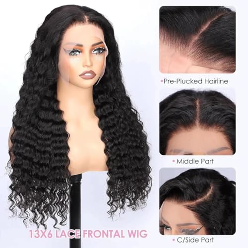13x6 Deep Wave Lace Front Wigs Human Hair 180% Density Deep Curly Human Hair Wig Glueless HD Transparent Lace Frontal Wigs for Black Women Pre Plucked Natural Color (22 Inch)
