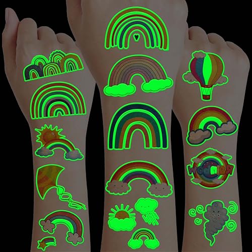 96PCS Glow Rainbow Pre-Cut Temporary Tattoos Stickers,Colorful Theme Birthday Party Decorations, Supplies,Neon Luminous Halloween Party Favors Gifts for Kids Girls Boys (Glow in the dark)