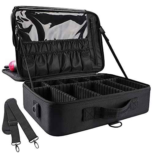 JOURMON Travel Makeup Case Portable Makeup Train Case Organizer Cosmetic Bag with Adjustable Dividers and Shoulder Strap for Makeup Brushes Toiletry Travel Accessories(Pure Black, L)