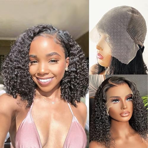 13x6 Deep Wave Lace Front Wigs Short Curly Bob Wig Human Hair 200 Density HD Glueless Lace Frontal Human Hair Wigs for Black Women Pre Plucked Natural Black 10 Inch