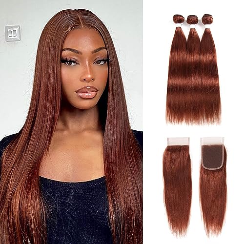 ijoy Straight Bundles with Closure Human Hair Bundles 8 10 12+C8 Reddish Brown Short Straight Hair 100% Virgin Human Hair 3 Bundles with 4x4 HD Lace Closure Free Part Chocolate Brown Color