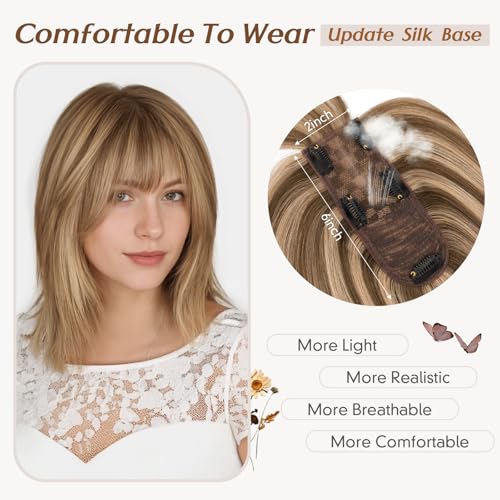 Rich Choices Hair Toppers for Women Real Human Hair 360¡Æ3D Clip in Bangs 100% Remy Human Toppers with Bang for Thinning 150% Density Lace Base 08 Inch #4P27 Medium Brown Highlight Dark Blonde