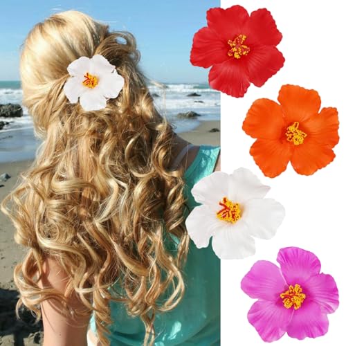 4Pcs Hawaiian Flower Hair Clips for Women Plumeria Hair Accessories Summer Beach Flat Hair Clips Alligator Clips Hibiscus Flowers Hair Barrettes for Wedding Holiday Beach Hair Styling Decoration