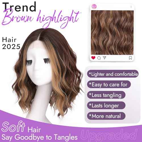Brown Highlight Short Wavy Wig for Women Lace Hairline Bob Style Synthetic Heat Resistant - Natural Appearance for Everyday Hairstyle 14 Inch