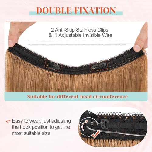 Benehair Miracle Wire Extension for Women Real Human Hair Hairpieces with Invisible Secret Fish Line Adjustable Wire Replacement Light Brown Hair Extension 20inch for Thinning Hair #6