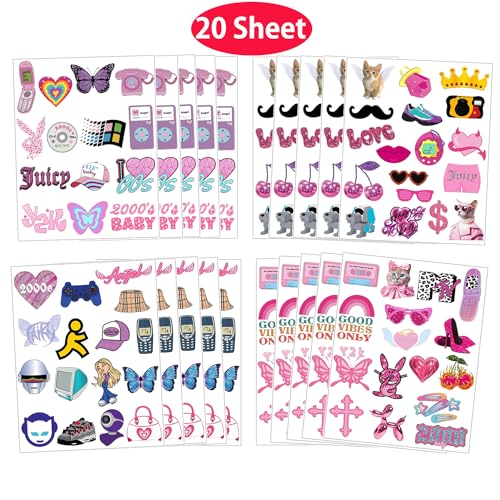 Y2K Temporary Tattoos Stickers 2000's Pink Retro Birthday Party Favors Decorations Supplies for Boys Girls Gifts Classroom School Prizes Rewards 20 Sheet