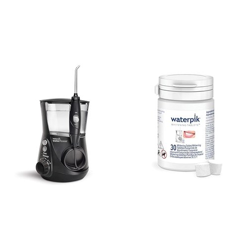 Waterpik Aquarius Water Flosser with 10 Settings, 7 Tips, ADA Accepted Black WP-662 Bundle with Waterpik Fresh Mint Whitening Refill Tablets 30 Count WT-30