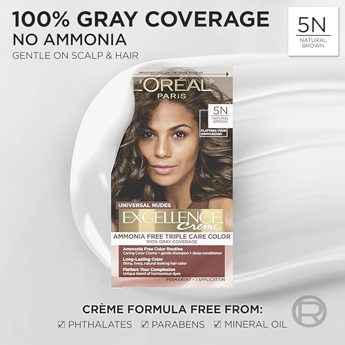 L¡¯Oreal Paris Excellence Universal Nudes Permanent Hair Color, Ammonia Free Hair Dye for Gray Hair Coverage, 5N Natural Brown, 1 Hair Dye Kit