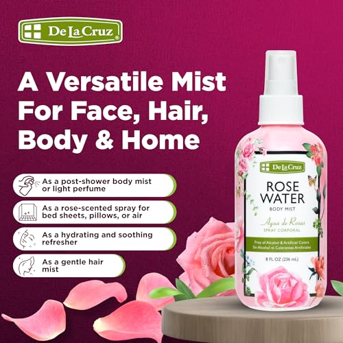 De La Cruz Pure Rose Water Body Mist,Rosewater Spray for Face, Skin & Hair,Toner & Rose Water for Hair Alcohol Free, Paraben Free 8 fl oz (1 Bottles)