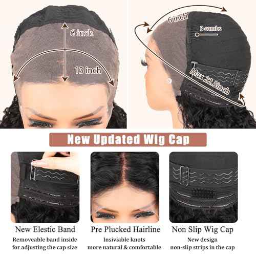 UREMY Bouncy Curly Wigs Human Hair, 13x4 Lace Front Burmese Curly Bob Wig for Black Women, Water Wave Pre Plucked Transparent Lace, Natural Black, 14 Inch, 180% Density