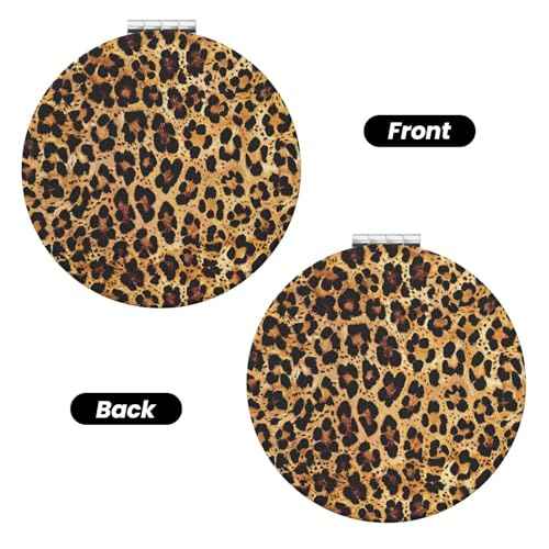 Cheetah Leopard Brown Print Foldable Travel Pocket Mirror Round PU Leather Portable Mini Makeup Double Sided Handheld Magnifying,2.6 in
