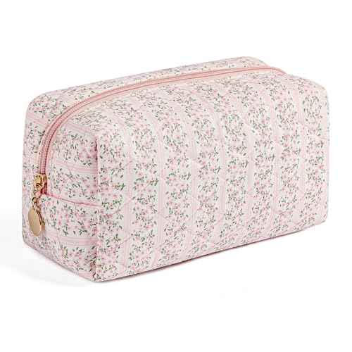 Makeup Bag Travel Cosmetic Bag for Women Girls, Zipper Make Up Pouch, Floral Flowers Toiletry Organizer Makeup, Portable Storage Cosmetic Travel Cloth Bag (Pink)