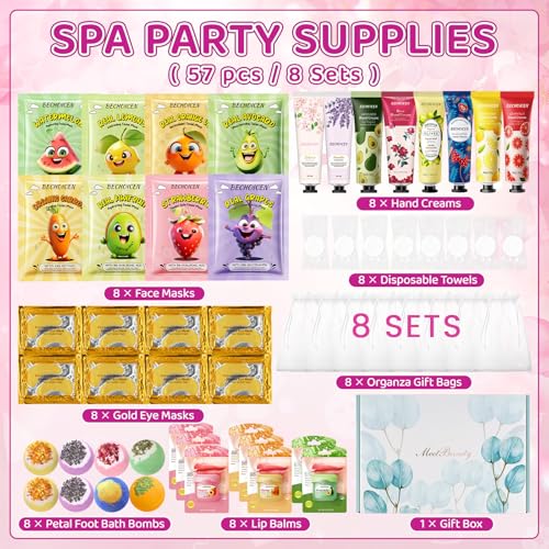 56Pcs Spa Party Supplies Set,Including 8 Spa Kits with Facial Masks Eye Patches Hand Cream Lip Balm Foot Bath Bombs,Ideal Gift for Sleepover,Spa Day,Slumber & Birthday Party Favors