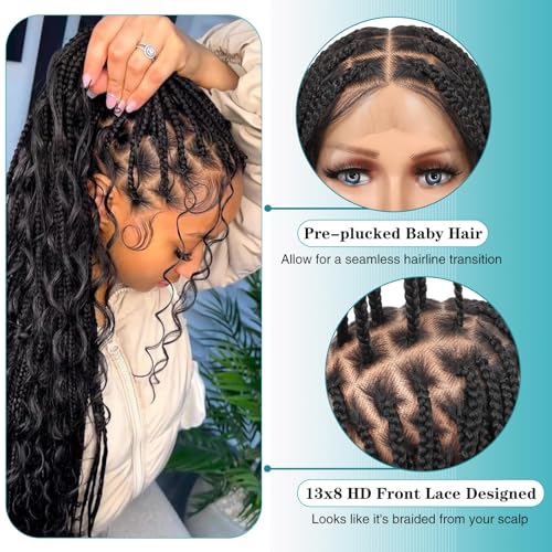 Kalyss 13x8 HD Lace Front Braided Wigs Boho Braided Wigs for Women Knotless Braid Wig with Baby Hair Box Braid wigs Long Premium Synthetic Wig Black 36 Inch