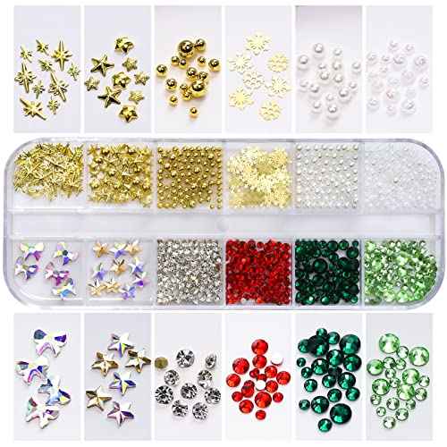 Christmas Crystal Snowflakes Nail Supplies Golden Flat Back Glass Gems Round Pearl Accessories Sparkly Star Bow Diamonds Jewels Rhinestone for Women Nail Decoration
