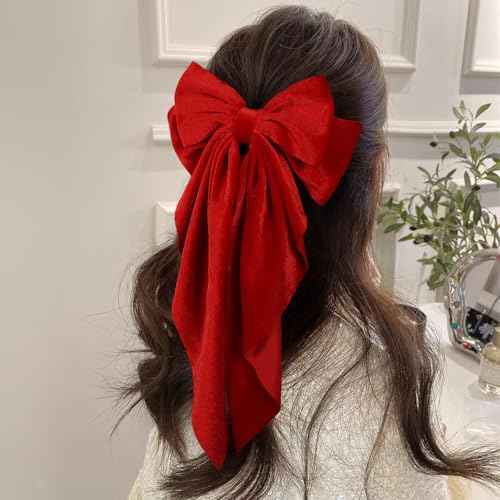 2Pcs Red Large Velvet Hair Ribbons Hair Bows Barrettes Clip with Long-Tail for Women Girls Oversized Aesthetic Christmas Valentines New Year Party Hair Styling Accessories Gift