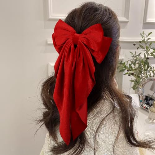 2Pcs Red Large Velvet Hair Ribbons Hair Bows Barrettes Clip with Long-Tail for Women Girls Oversized Aesthetic Christmas Valentines New Year Party Hair Styling Accessories Gift