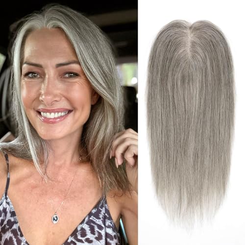 Hair Toppers for Women Real Human Hair, Light Grey 14 Inch 360¡Æ Cover Middle Part Topper for Women with Thinning Hair Realistic Scalp Line 4x4.8 Inch Upgrade Basement HairPieces