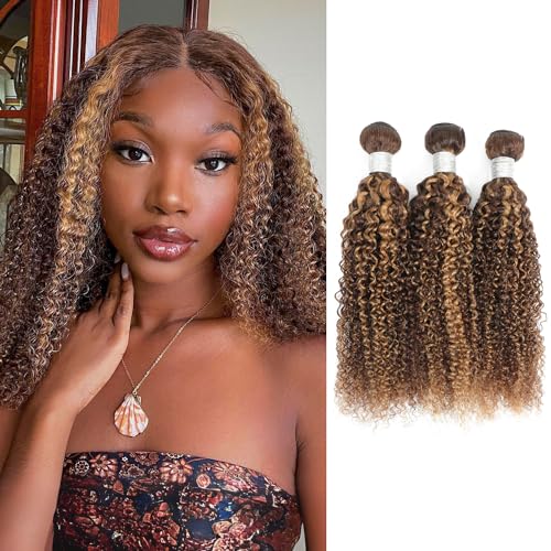 #P4/27 Highlight Kinky Curly Bundles Human Hair 10 12 14 In, Honey Blonde Highlight Brazilian Tight Curly Bundles Thick Track 12A 100% Virgin Ombre Brown Colored Human Hair 3 Bundles Remy Sew In