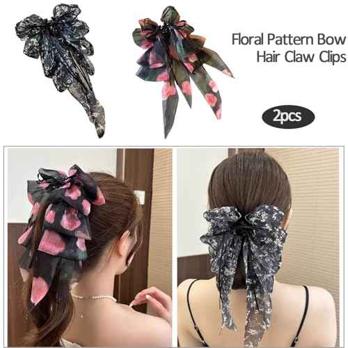 2pcs Bow Hair Claw Clips with Long Tail Tassel Hair Clips for French Hair Styles for Women Girls Ponytail Hair Decorations Accessories (Floral Pattern)