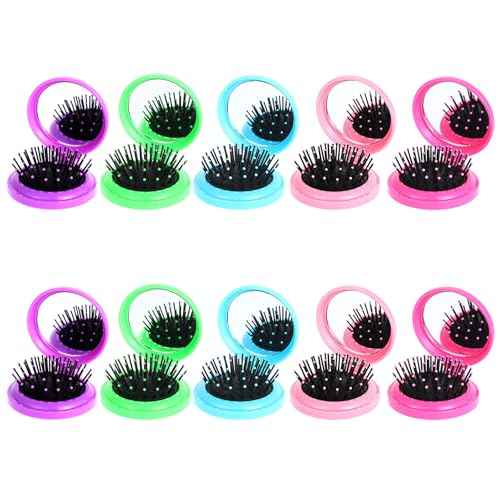 10pcs Folding Hair Brush Mirror Compact Travel Comb Portable Pocket Pop Up Hairbrush with Soft Nylon Bristle Mini Colourful Hair Brush Gift for Women Girls Purse Handbag Christmas