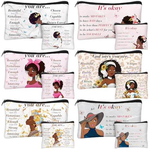 Silkfly 12 Pcs African American Cosmetic Bag for Women Bulk Christian Inspirational Gift Makeup Bag for Black Women Afro Queen Zipper Travel Pouch Purses Toiletry Organizer for Mother Day(Novel)