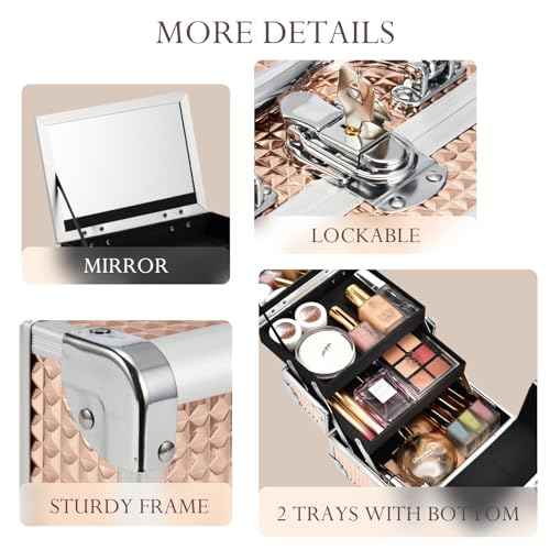 FRENESSA Makeup Case Train Case Portable Makeup Box with Mirror Lock Box Travel Cosmetic Train Cases Hard Makeup Organizer for Nail Craft Storage Vanity Rose Gold