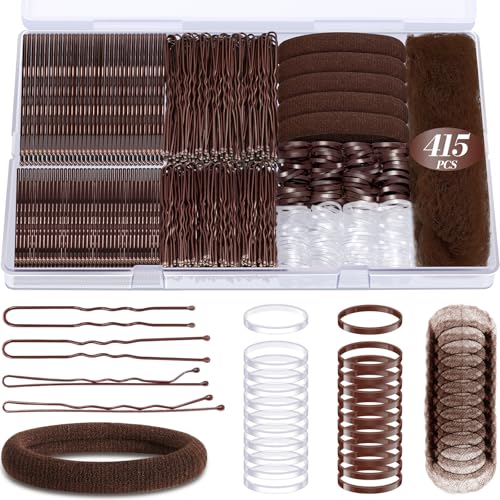 415pcs Bobby Pins Hair Pins Set, IKOCO 200pcs U Shaped Pins & Elastic Hair Ties for Women with Hair Net, Brown
