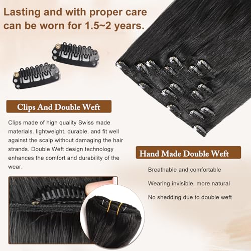 16A Premium Clip in Hair Extensions Real Human Hair, 24inch 120g 7pcs （Service life1.5~2 years）Remy Seamless Invisible Double Weft Human Hair, #1 Natural Black Multiple Washes Keep Texture Soft