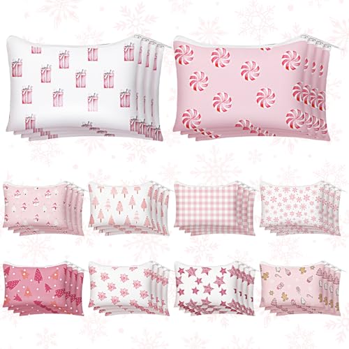 40 Pcs Pink Christmas Theme Makeup Bags Bulk Xmas Trees Snowman Snowflake Zipper Pouch Purse Christmas Cosmetic Gifts Xmas Party Favors for Women Employee Gifts Coworker Nurse Teachers
