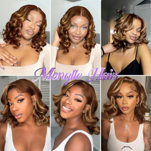 Ombre Loose Body Wavy Bob Wig Human Hair Glueless 6X5 HD Lace Wigs Human Hair Pre Plucked 200 Density 100% Remy Human Hair Wigs 4/27 Brown Blonde Wigs Ready To Go for Women 10 Inch