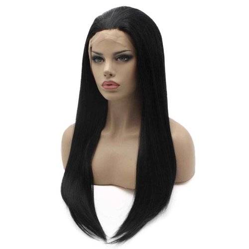 Lushy Straight Long 24inch Silky Black Wig Heat Friendly Heavy Density Realistic Synthetic Lace Front Wig