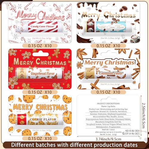 50 Pcs Christmas Peppermint Candy Flavor Lip Balms Bulk Peppermint Candy Gingerbread Hot Cocoa Cookie Cinnamon Flavor Lip Balms Christmas Party Gifts Stocking Stuffers for Employee Staff