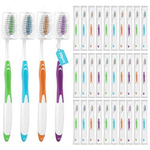 30 Pack Bulk Toothbrushes with Covers, Individually Wrapped Tooth Brush Pack for Adults & Kids, Disposable Toothbrush Medium Soft for Travel, Donations, Hotels
