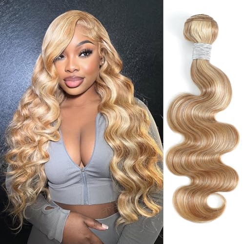 27/613 Blonde Highlight Bundle Human Hair Body Wave 24 Inch, 13A #F27/613 Highlight Blonde Human Hair Single Wavy Bundle Body Wave Soft Healthy 100% Unprocessed Virgin Hair Weave Extensions