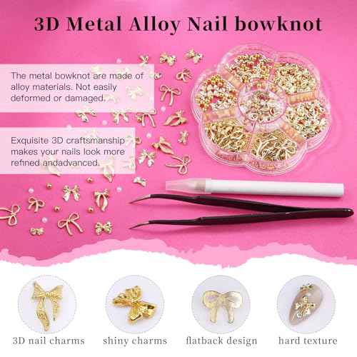 3D Metal Alloy Nail Bows Kit - Silver & Gold Bowknot Charms with 1-3mm Mini Caviar Beads, Tweezers, Pickup Pencil, Cute Nail Charms and Gems Jewelry in Petal-shaped Box (Gold-kit-1)