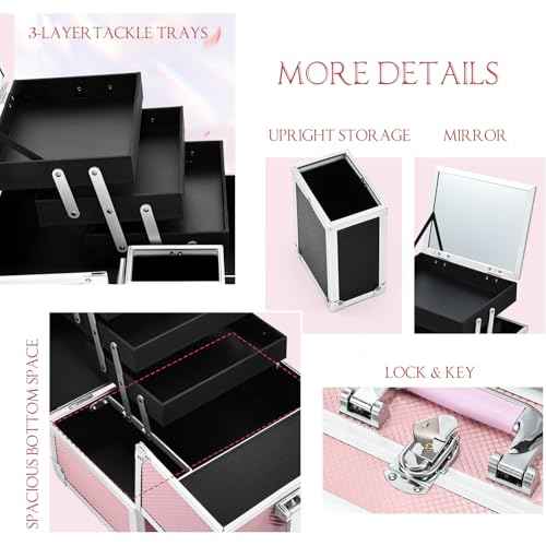 Joligrace Makeup Train Case Cosmetic Box 11.8 Inches Jewelry Organizer Professional 3 Tiers Trays with Mirror and Brush Holder Lockable Key Portable Travel Mermaid Pink