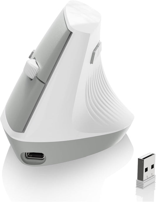 A.JAZZ I300 Bluetooth and 2.4G Rechargeable Wireless Mouse,Ergonomic Vertical Design Optical Mouse Computer Mice,800/1200/1600 DPI,Quiet Clicks,84G Lightweight for Laptop, Desktop, PC, MacBook(White)