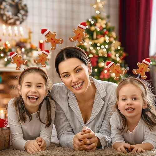 2 Pieces Gingerbread Headbands with Glitter Surface and 3D Santa Hat Cute Brown Gingerbread Hair Hoop Headpiece for Xmas Festival Party Holiday Themed Events