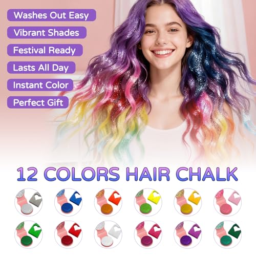 12 Color Glitter Hair Chalk with Shimmer Effect - Temporary Sparkle Hair Chalk for Adults & Kids | Safe, Long-Lasting, Non-Toxic & Washes Out Easily | for Concerts, Parties & Halloween