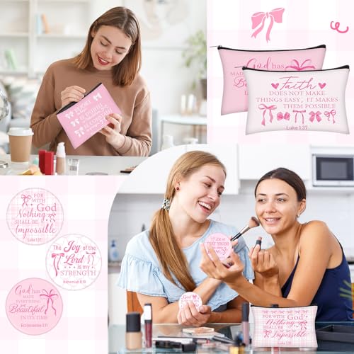 Geelin 24 Pcs Pink Bow Christian Gifts Bulk for Women 12 Coquette Bow Knot Religious Canvas Makeup Bags 12 Bible Verse Compact Mirrors Inspirational Church Party Gifts for Women Mother Sister