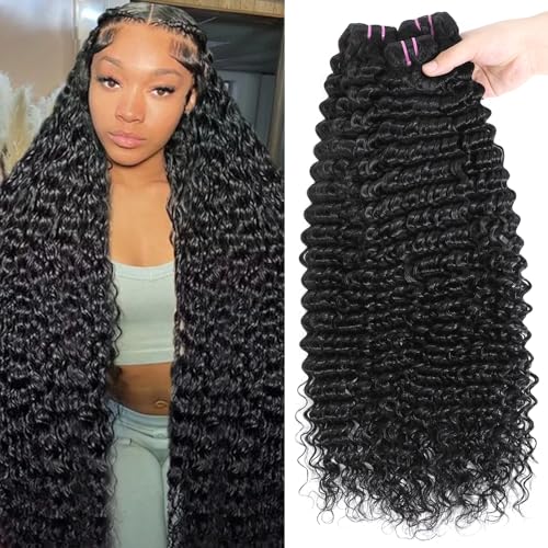 15A Raw Human Hair Bundles Deep Wave Bundles Human Hair,Triple Lifespan Indian Virgin Hair,No Tangle Shedding,Multiple Washes Keep Texture Silky Soft (3 Bundle Natural Black, 16 16 16)