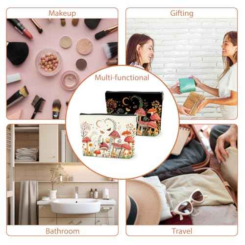 2 PCs Floral Mushroom Makeup Bag Mushroom Gifts Cosmetic Bag, Mushroom Stuff mushroom bag, Mushroom Gift for Women Girls Friends Coworkers Christmas birthday Gifts Botanical Zipper Pouch