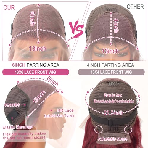 99j Burgundy Body Wave Lace Front Wigs Human Hair 13x6 HD Transparent Lace 180% Density Wine Red Colored 22 Inch