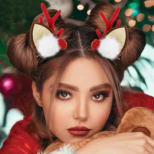 Boobeen Christmas Hair Clip - 2 Pairs Cute Reindeer Antlers Ears Accessory Headdress Hairpin for Party (10-13)