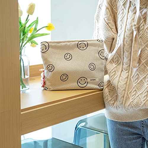 Makeup Bag For Women - Corduroy Cosmetic Bags Aesthetic Design Ladies Tote pouch Women's Pencil Case,Cute Smiley Face Makeup Organizer with Zipper (Beige)