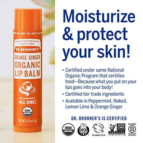 Dr. Bronner's - Organic Lip Balm Variety Peppermint, Orange Ginger, Naked, Lemon Lime) - Made with Organic Beeswax and Avocado Oil, For Dry Lips, Hands, Chin or Cheeks, 0.15 Ounce (Pack of 4)
