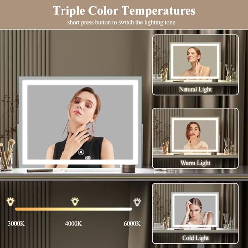 Vanity Mirror with Lights, 15"¡¿ 11" LED Makeup Mirror, Lighted Makeup Mirror with Lights, Smart Touch Control Dimmable 3 Modes Light 360¡ÆRotation White