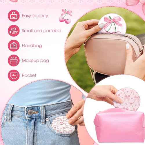 12 Pcs Coquette Aesthetic Compact Mirror Bulk Bow Travel Makeup Pocket Purse Mini Mirror for Women Wedding Bridal Shower Birthday Breast Cancer Coquette Party Favor (Cute Style,Pink)
